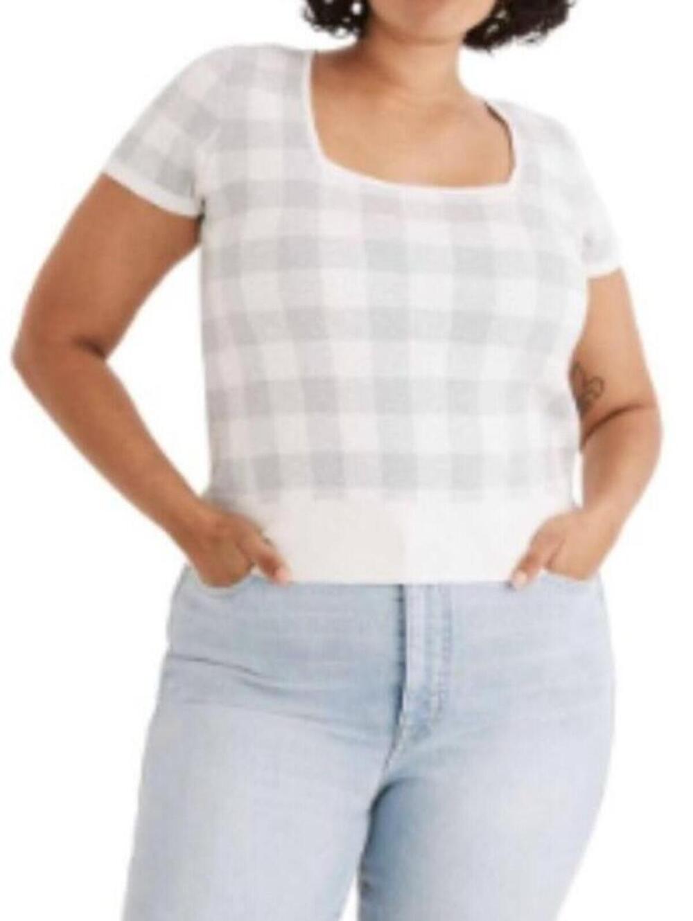 Madewell Blue Gingham Sweater Tee Square Neck Knit Top XL
